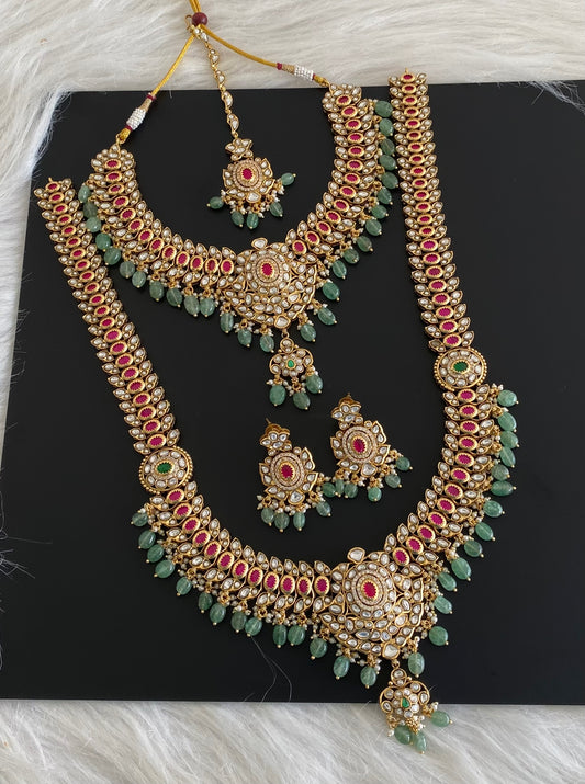 Antique gold tone kundan jadau green beaded bridal set dj-54599