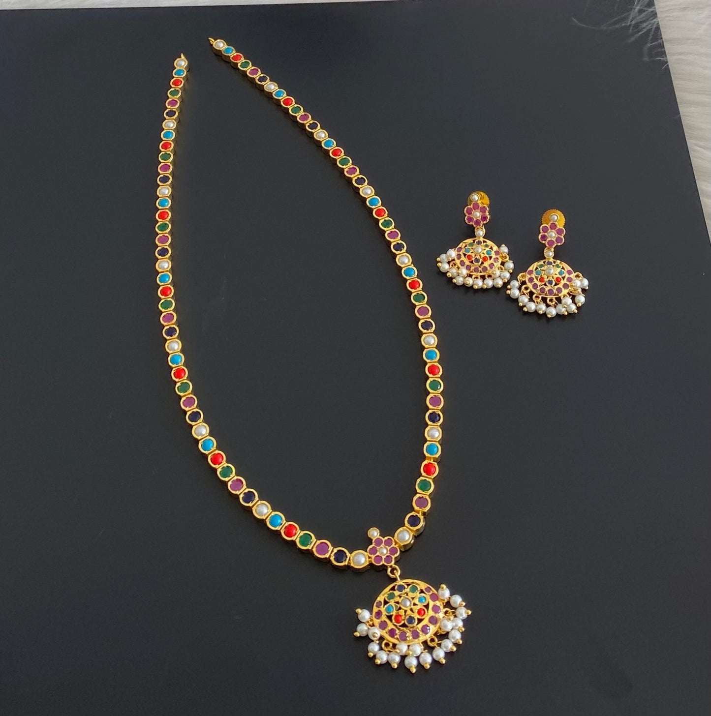 Gold tone navarathna stone pearl haar set dj-54560