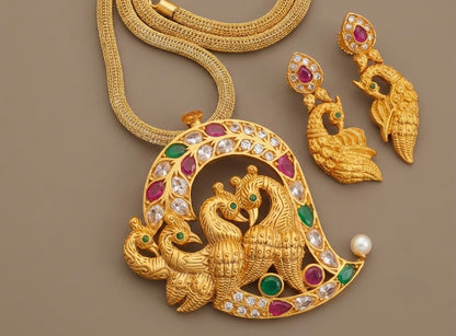 Matte finish ruby-green-white peacock necklace set-dj07223