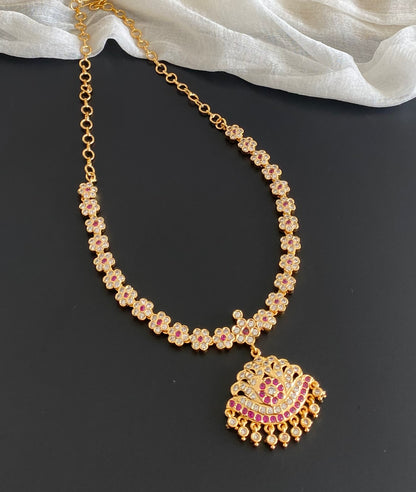 Gold tone AD white-pink stone south Indian flower necklace dj-54207