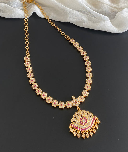 Gold tone AD white-pink stone south Indian flower necklace dj-54207