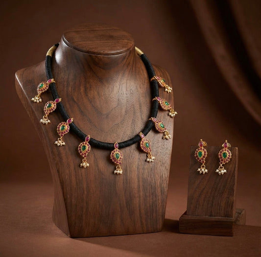 Matte finish Black silk thread mango necklace set-dj07335