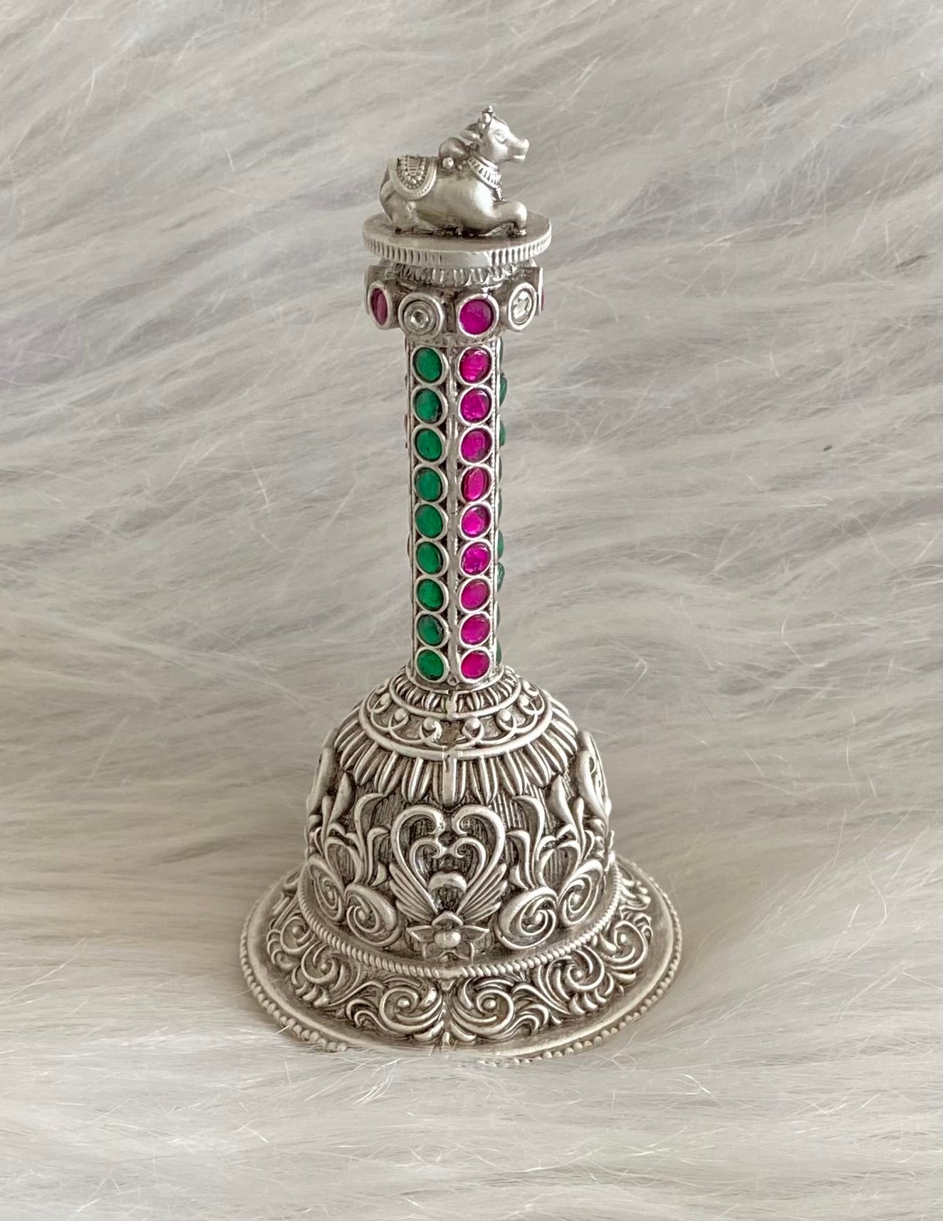 Silver tone pink-green stone shri nandhi bell dj-54231