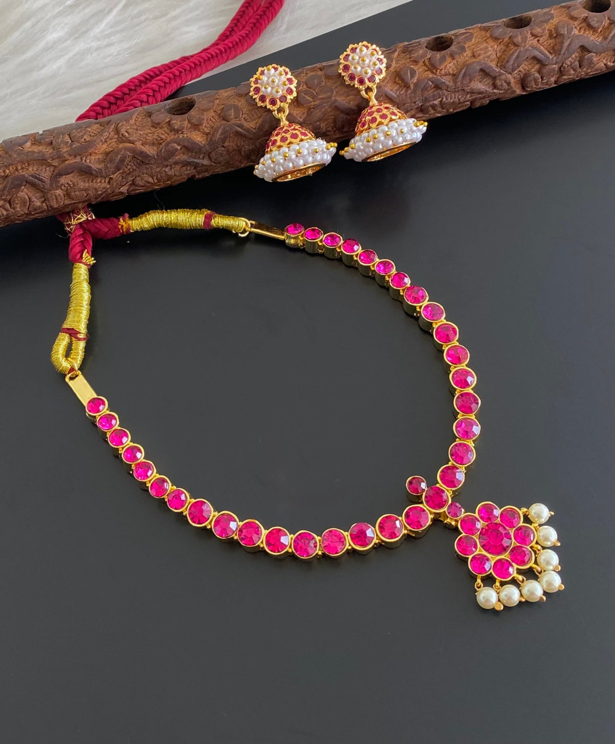 Gold tone AD balaji/rani pink stone pearl attigai necklace set dj-54989