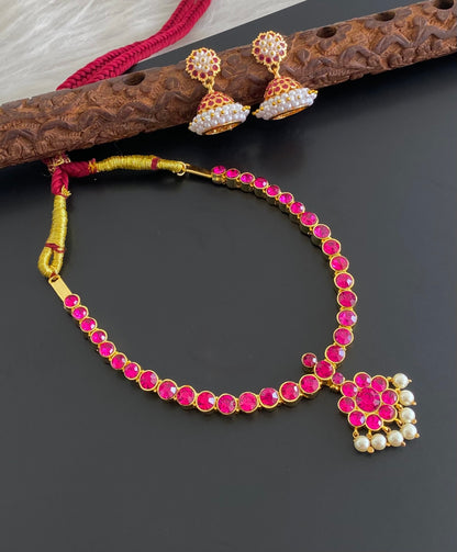 Gold tone AD balaji/rani pink stone pearl attigai necklace set dj-54989