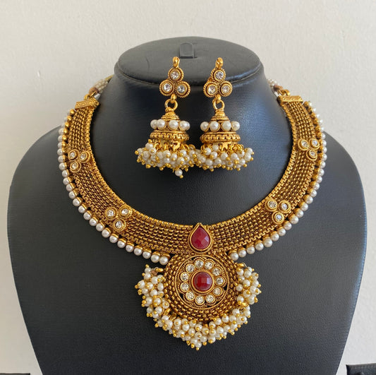 Antique Red Pearl Cluster Necklace Set -dj16353
