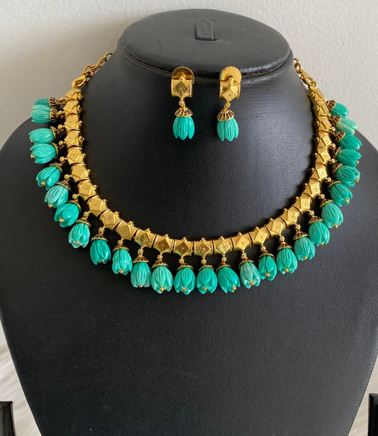Antique gold tone green tulip beaded necklace set dj-54191