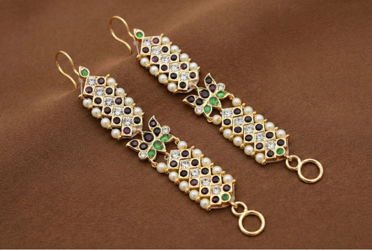 Gold tone precious kemp-green-white stone pearl lotus ear side chain dj-52265