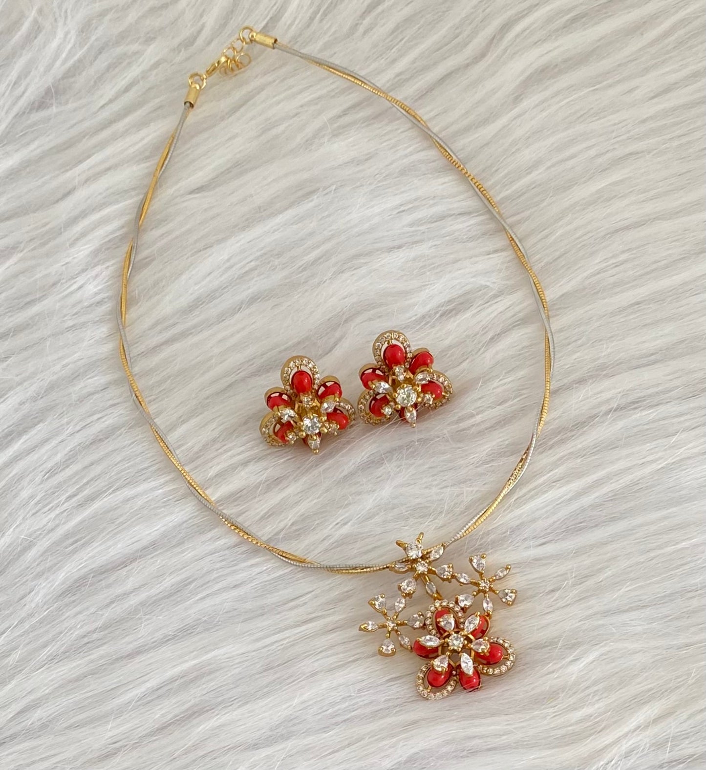 Two tone cz white stone coral pendant set with kanti necklace dj-54249