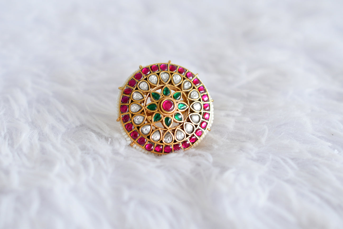 Gold tone pink-green-pearl kundan jadau round finger ring dj-52371