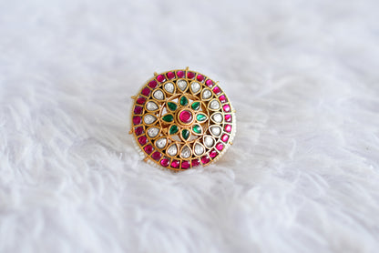 Gold tone pink-green-pearl kundan jadau round finger ring dj-52371