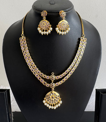 Gold tone AD purple south indian style double layer necklace set dj-51671