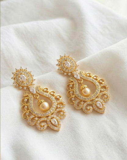 Gold tone Cz-white pearl earrings -dj17172