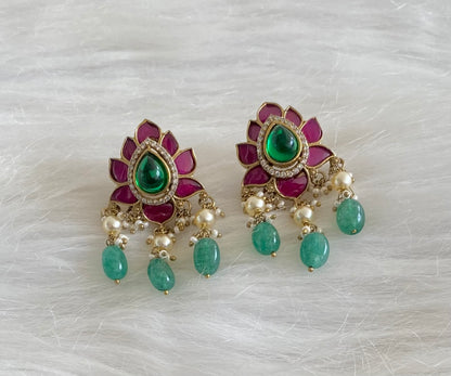 Antique gold tone pink-green-white kundan jadau green beaded stud/earrings dj-54577