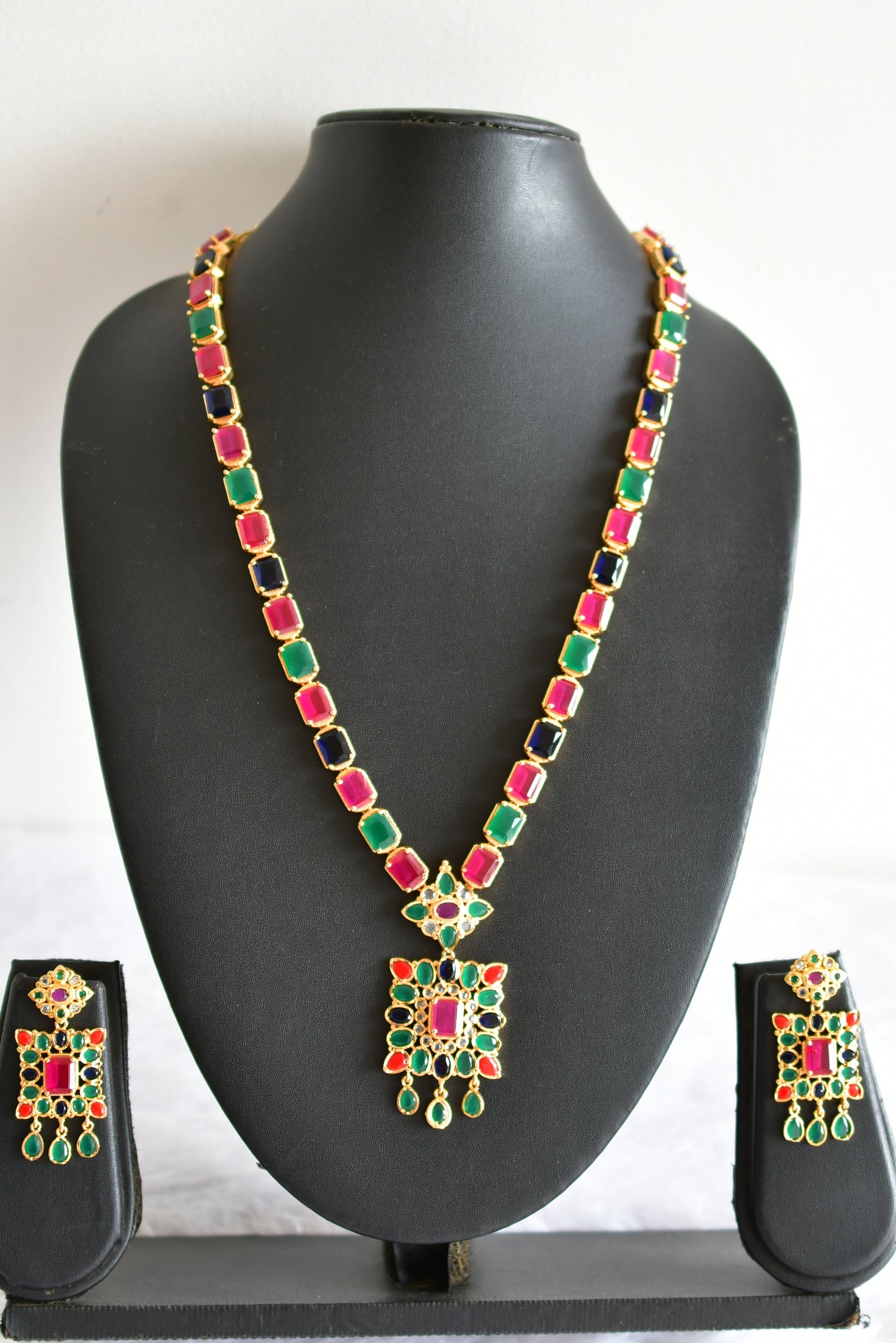 Gold tone Cz Navarathna block stone haar set dj-51950