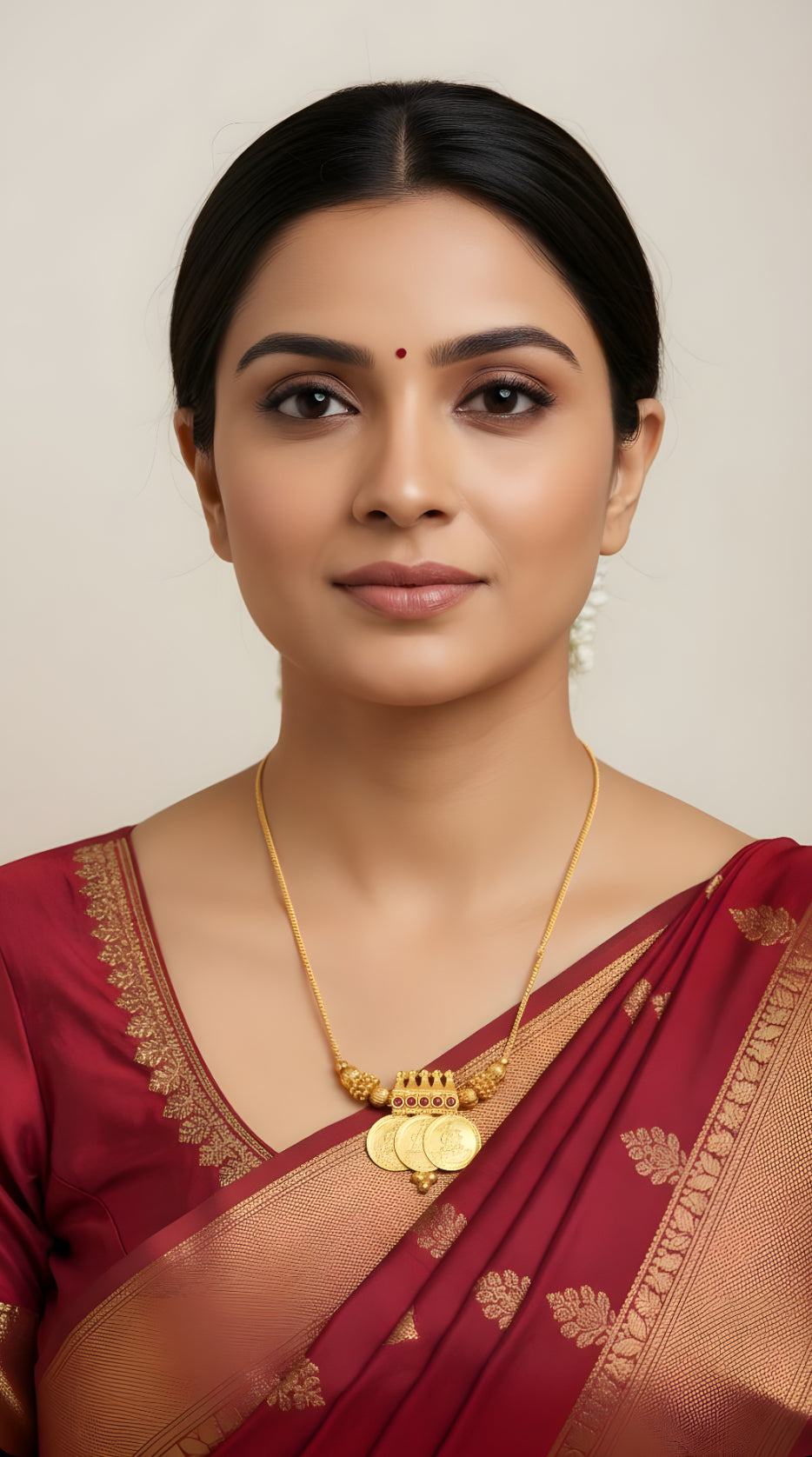 Gold tone kerala style pink stone lakshmi coin necklace dj-50292