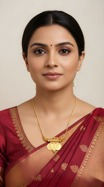 Gold tone kerala style pink stone lakshmi coin necklace dj-50292