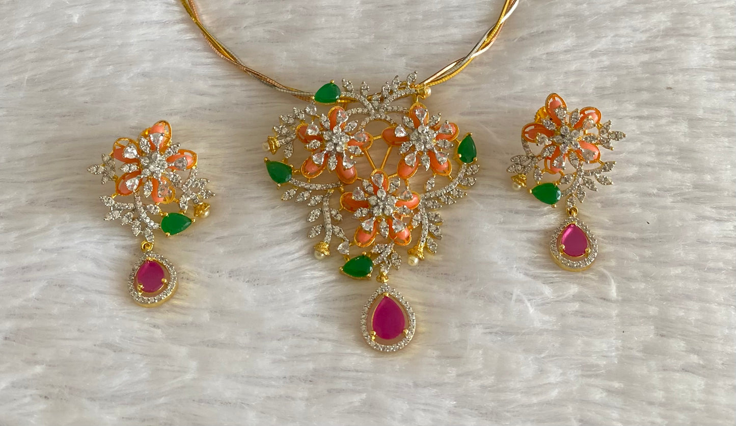 Two tone cz pink-green beaded flower kanti necklace set dj-53097