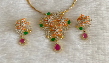 Two tone cz pink-green beaded flower kanti necklace set dj-53097