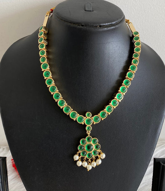 Gold tone precious kemp-green pearl reversible necklace dj-54148