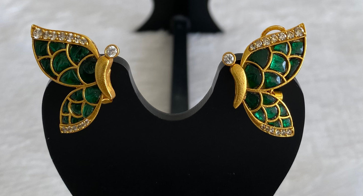 Gold tone green-white kundan jadau butterfly earrings dj-53531