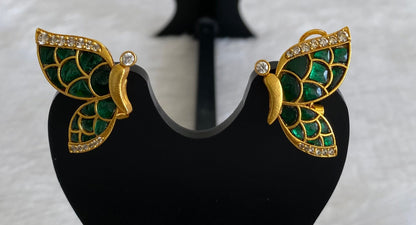 Gold tone green-white kundan jadau butterfly earrings dj-53531