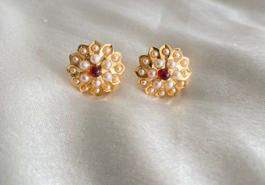 Gold tone pearl-pink beaded stud/earrings dj-52238