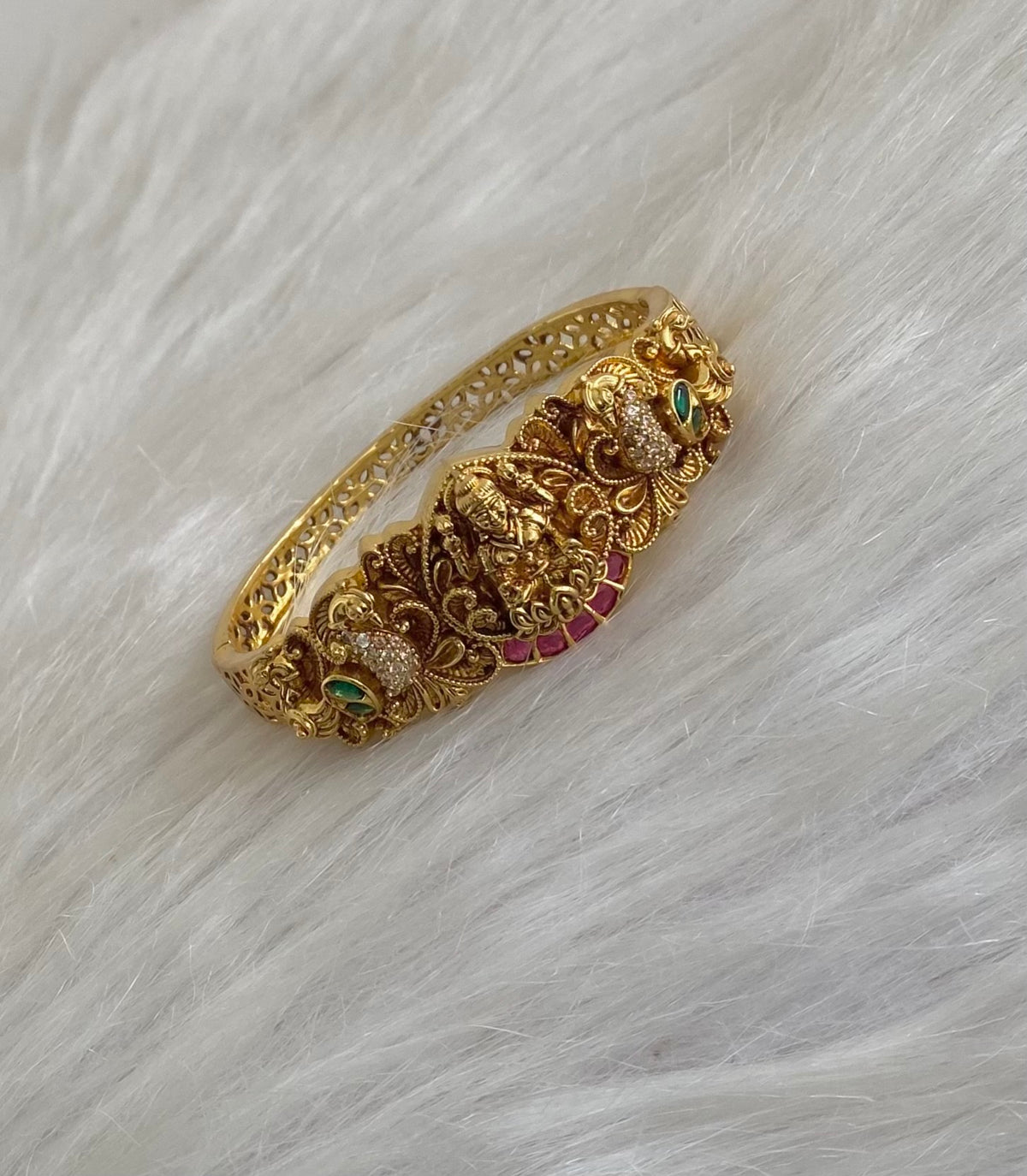 Antique gold tone kemp-green-white stone lakshmi peacock openable kada/bracelet dj-54853