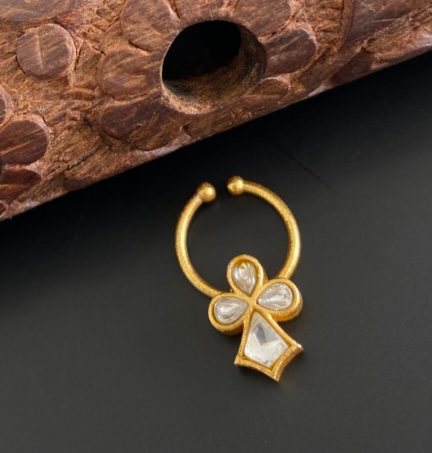 Gold tone kundan jadau white stone nose pin/bulakku dj-53759