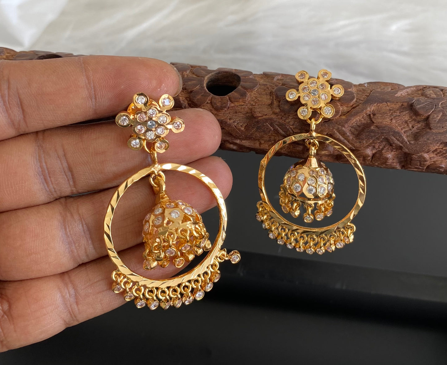 Gold tone south indian style AD white stone bali jhumkka dj-53867
