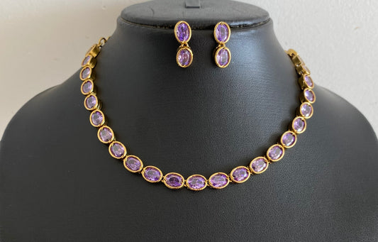 Antique gold tone purple oval stone necklace set dj-54081