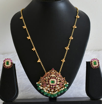Antique gold tone kemp-green peacock pendant with chain set dj-54012