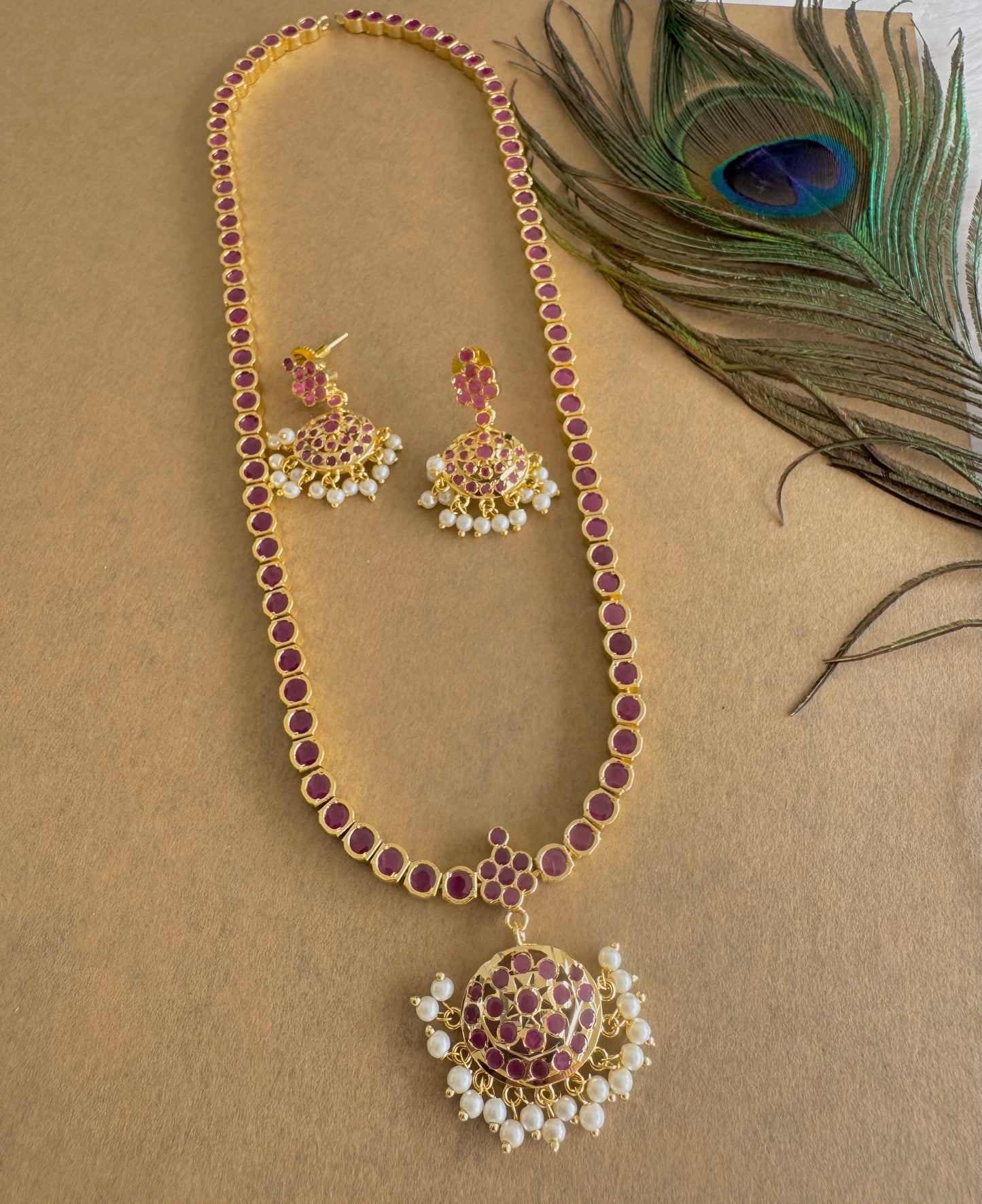 Gold tone ruby South Indian style haar set dj-51676