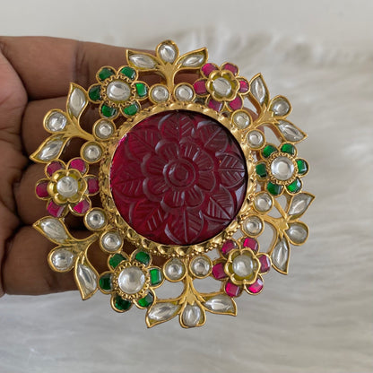 Gold tone red carved stone round jadau flower pendant dj-53848