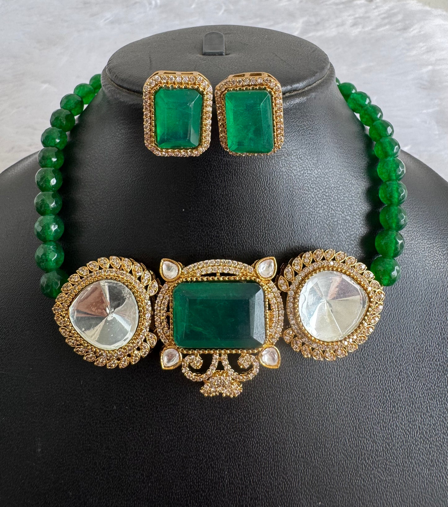 Antique gold tone cz big stone white-bottle green choker necklace set dj-51091