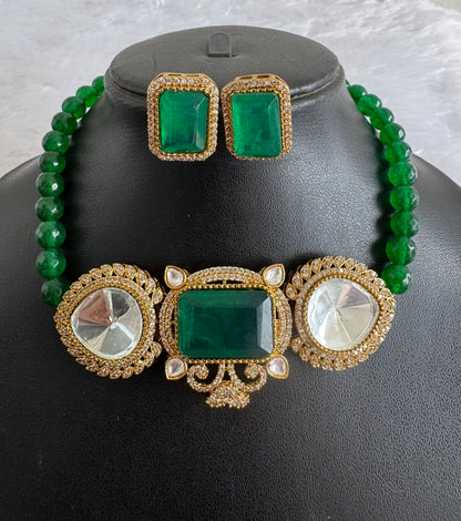 Antique gold tone cz big stone white-bottle green choker necklace set dj-51091