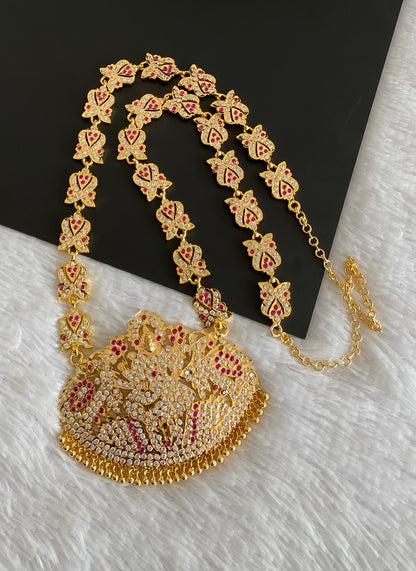 Gold tone south indian style grand AD pink-white peacock lakshmi haar dj-53257