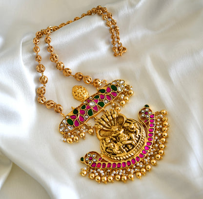Antique gold tone pink-green kundan jadau Shri Krishna pendant necklace dj-52604