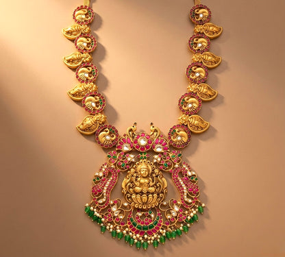 Antique gold look alike Pink-green-white Lakshmi-swan-Ganesha Kunda Jadau haar dj-36319