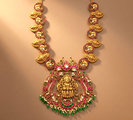 Antique gold look alike Pink-green-white Lakshmi-swan-Ganesha Kunda Jadau haar dj-36319