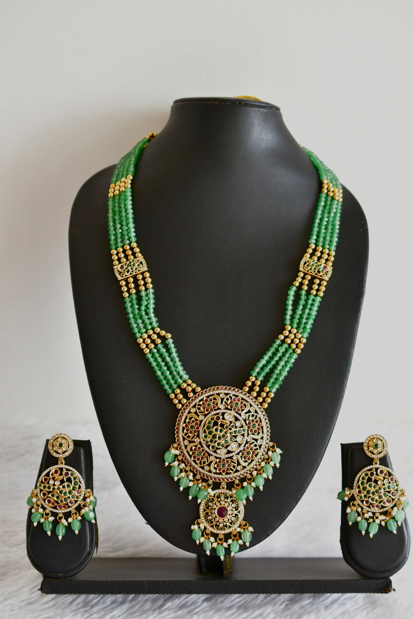 Antique gold tone pink-green beaded peacock haar set dj-52438