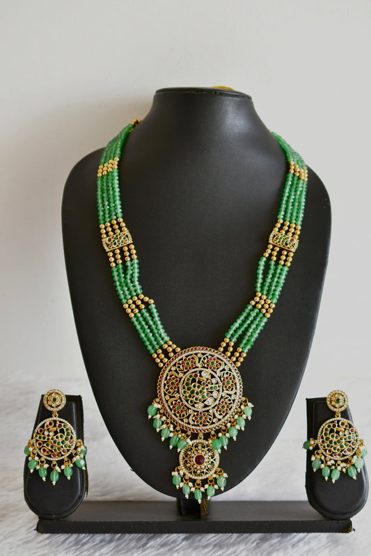 Antique gold tone pink-green beaded peacock haar set dj-52438
