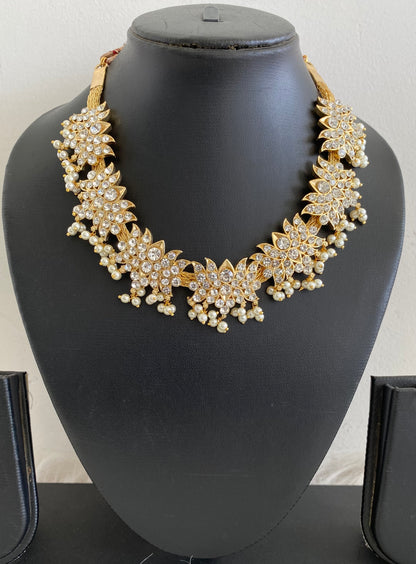 Gold tone AD white stone pearl lotus necklace dj-54674