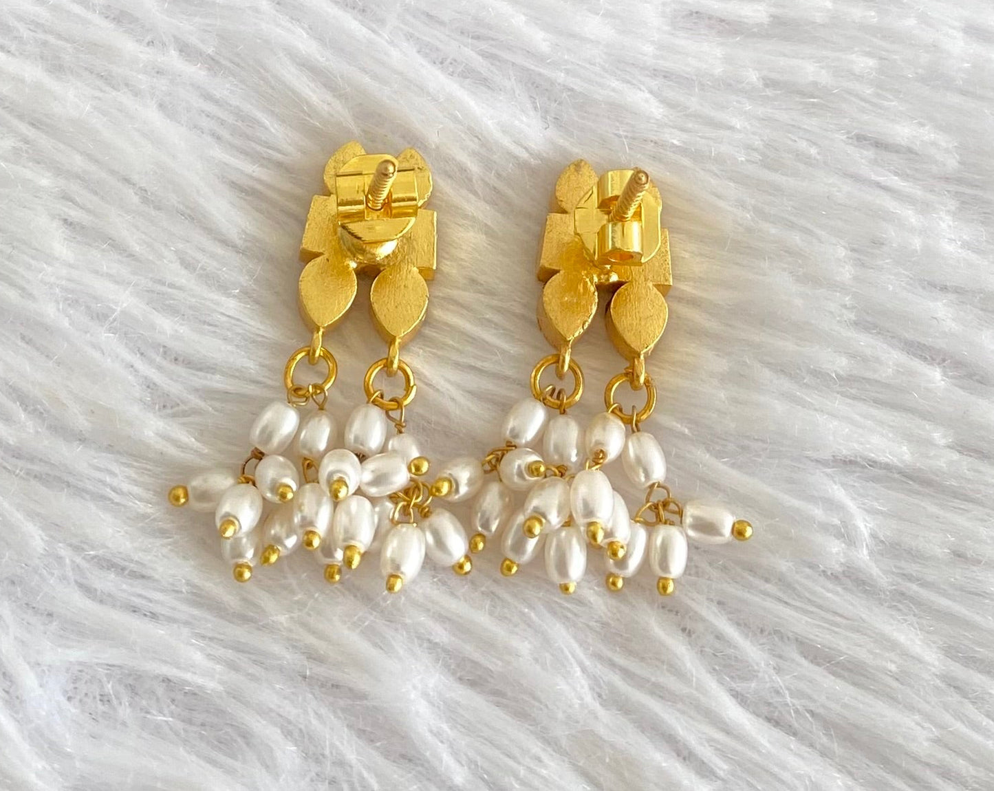 Gold tone pink-green-white stone pearl kundan jadau earrings dj-53559
