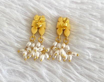 Gold tone pink-green-white stone pearl kundan jadau earrings dj-53559