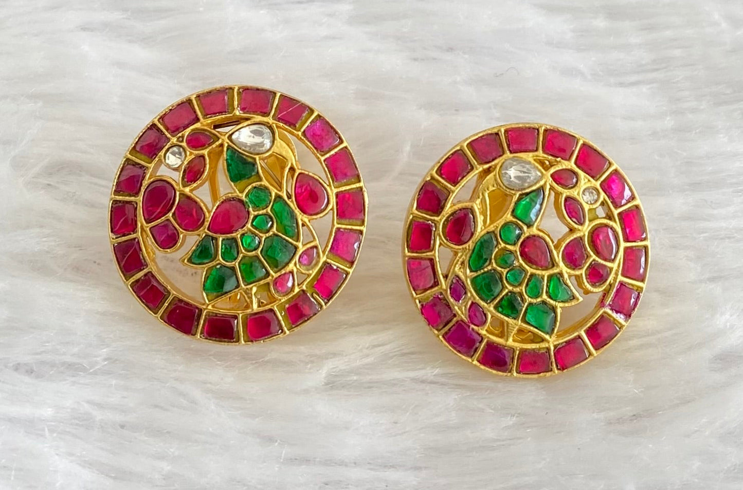 Gold tone pink-green-white kundan jadau peacock stud/earrings dj-53550