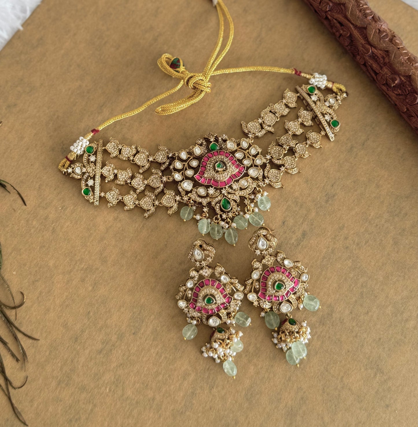 Antique gold tone cz pink-green kundan jadau choker necklace set dj-51560