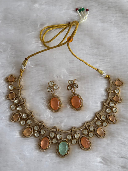 Antique gold tone cz sea green-peach moissanite necklace set dj-51073