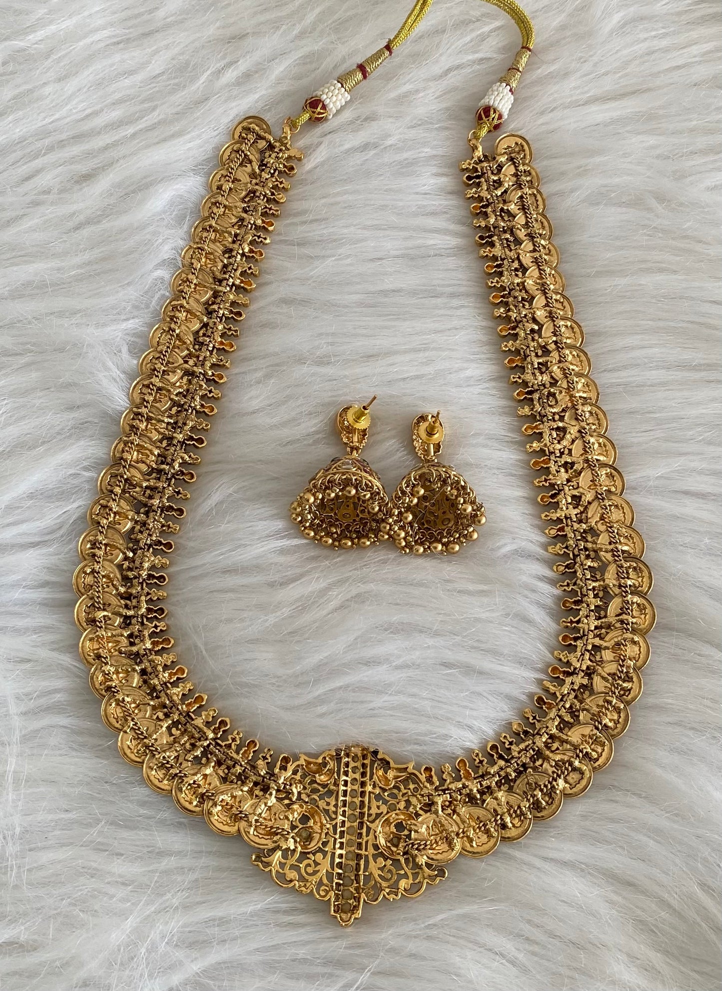 Antique gold tone pink-green-white peacock lakshmi coin haar set dj-54604