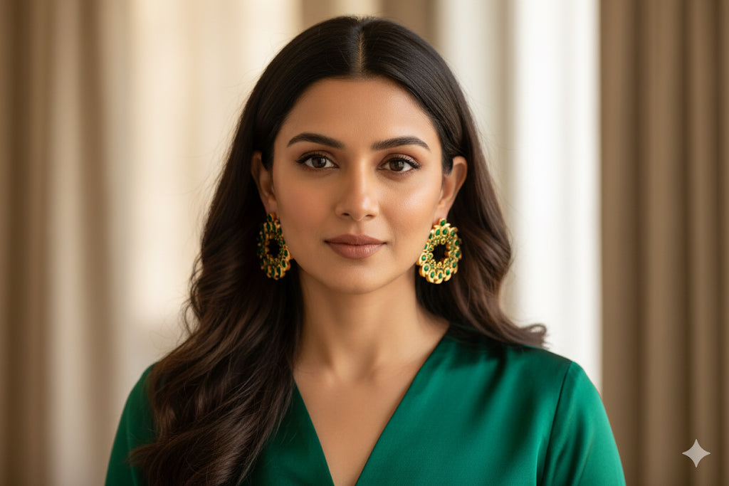 Gold tone green pearl mango big earrings dj-52361